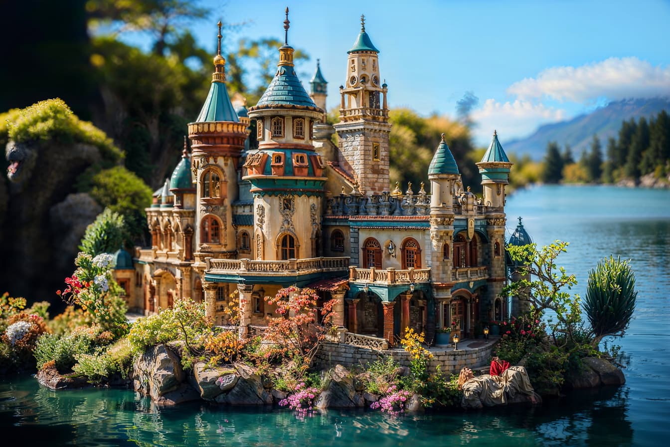 Castelo de conto de fadas em uma ilha na água