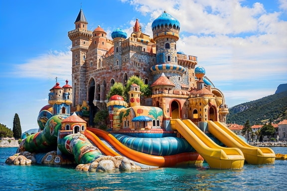 Fairytale castle with a slide in the water in Croatia