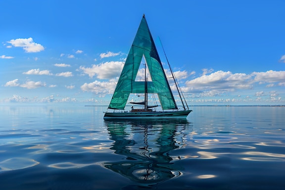 Segelbåt på vattnet med en A-formad segelmast