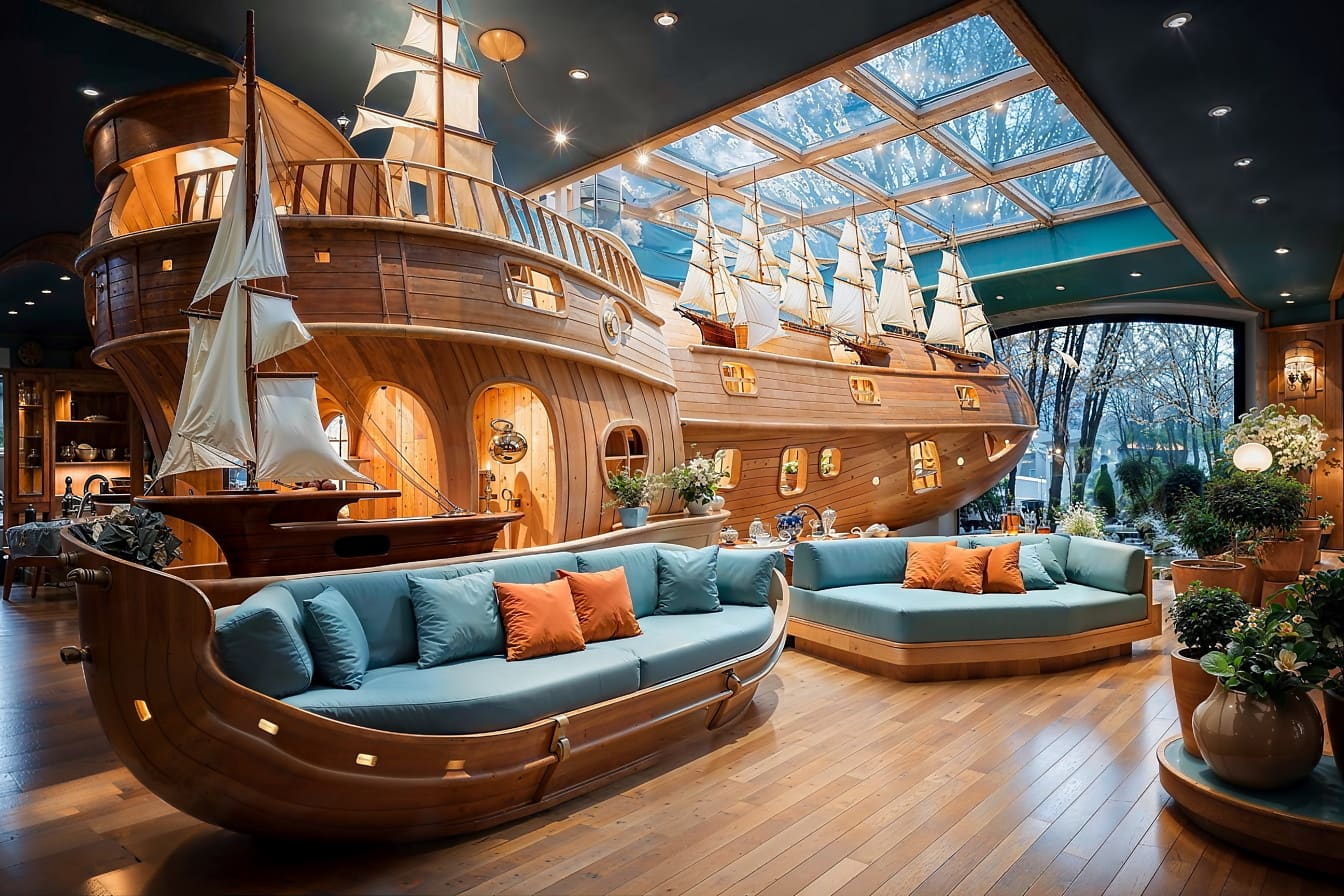 大きな船の形をしたソファと、木製のボートの形をした青いソファがある部屋です