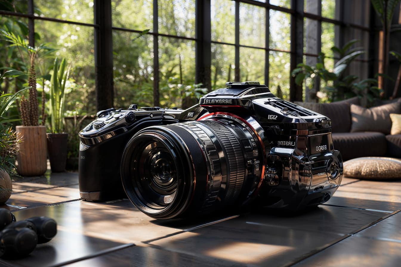 Futuristic black digital camera with a large lens