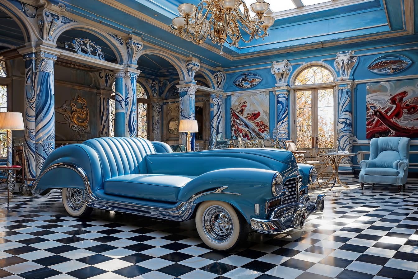 Sofá en forma de coche descapotable azul en una habitación decorada de lujo