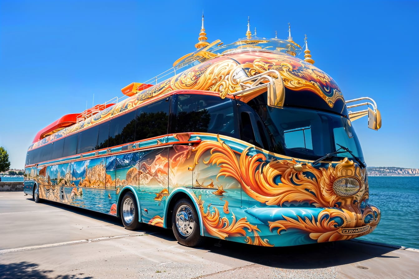 Tulevaisuuden bussi Kroatiassa parkkipaikalla meren rannalla