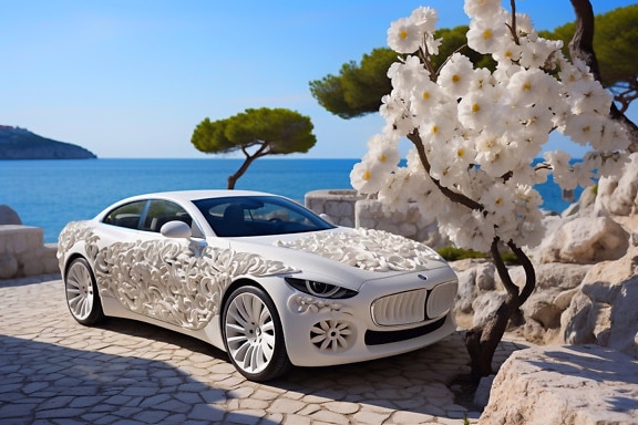 White car with white flowers on the side of a road in Croatia
