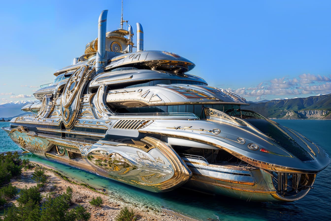 Surrealistická futuristická stříbrná a zlatá výletní loď na pobřeží Chorvatska
