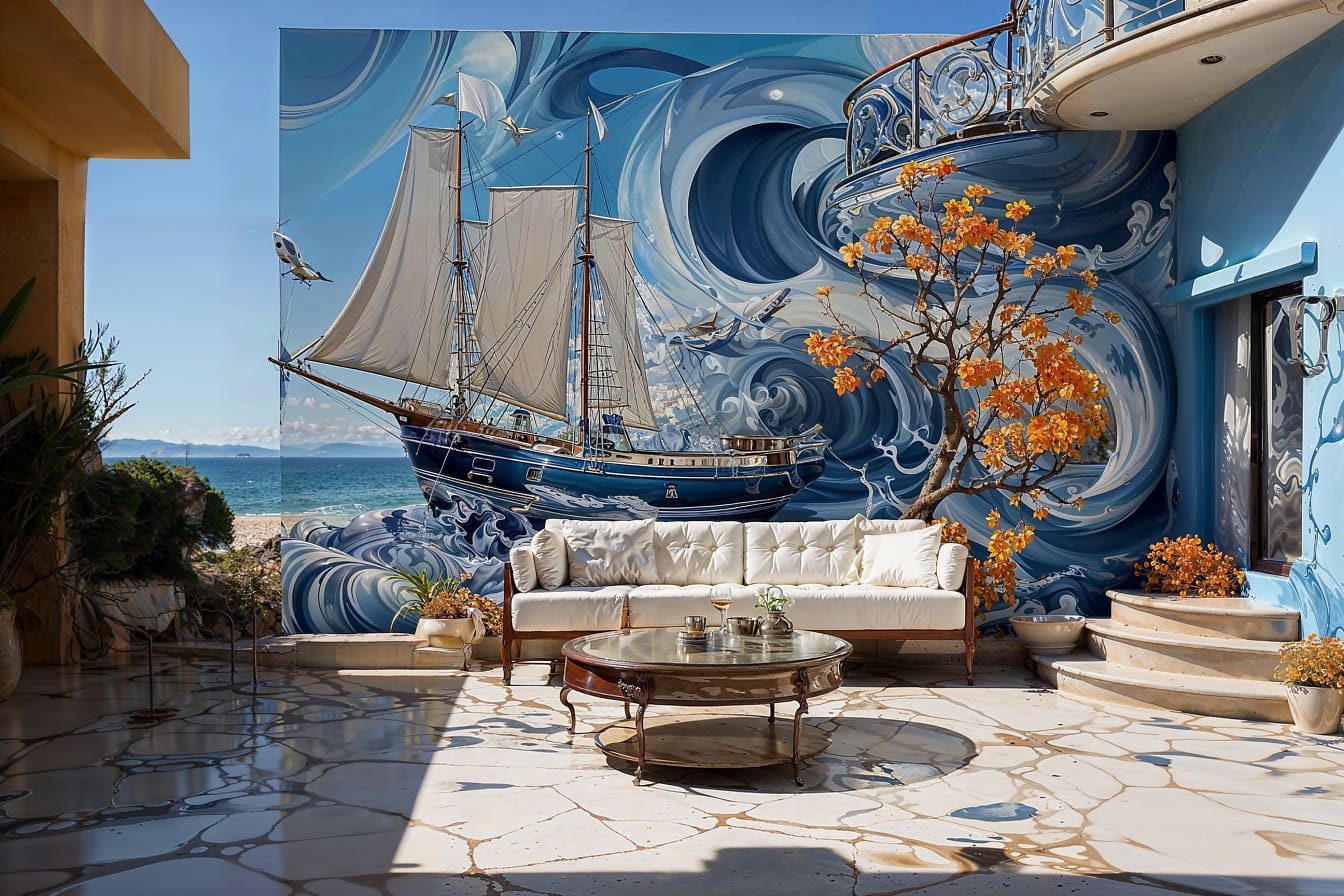 Mermer zemin üzerinde beyaz kanepeli balkon ve duvarda bir gemi ve deniz duvar resmi