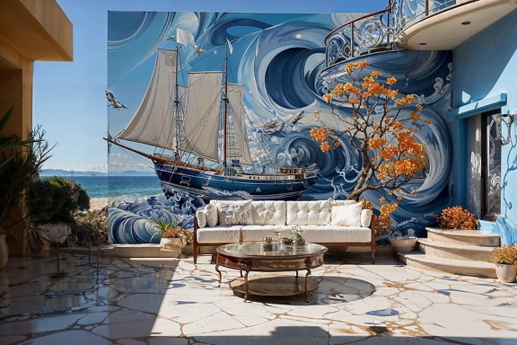Balkon z białą kanapą na marmurowej podłodze i fototapetą przedstawiającą statek i morze na ścianie