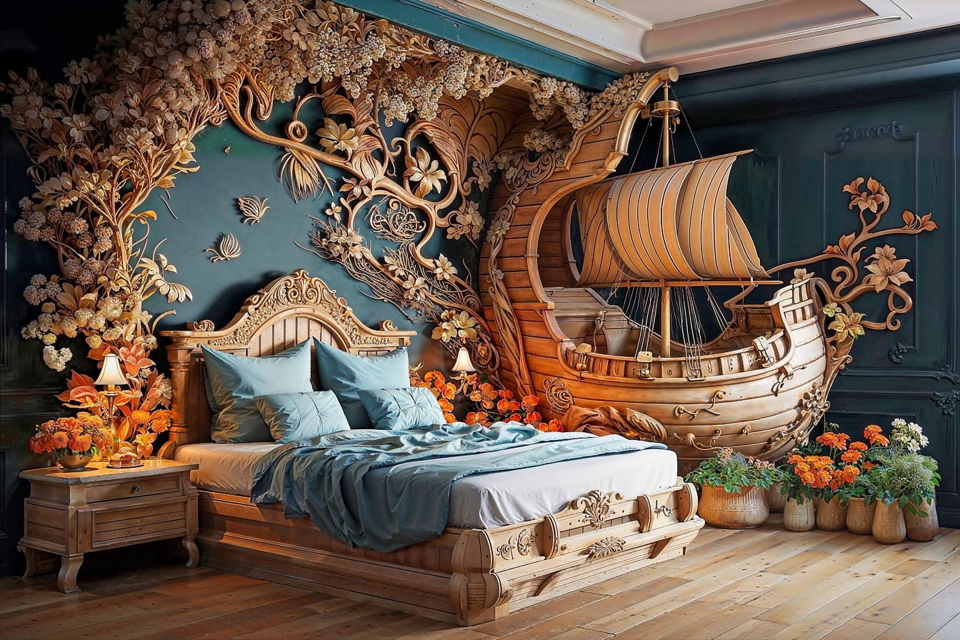 Lit en bois dans la chambre avec une décoration faite à la main d’un voilier en arrière-plan