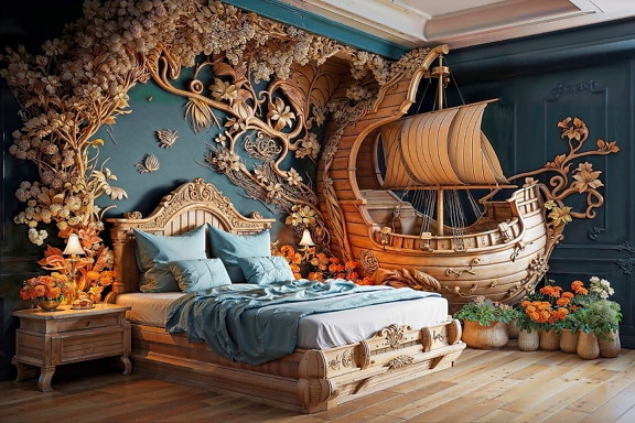 Wooden bed in bedroom with a handmade decoration of sailboat in the background