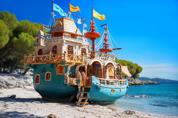 Illustration of a 17th century sailing ship on the beach in Croatia