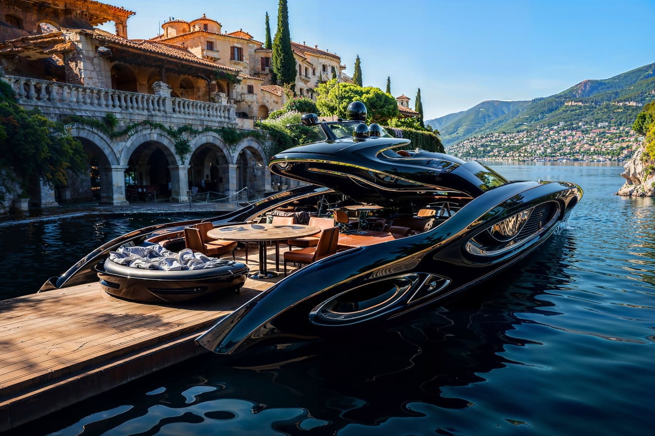 Sort luksusyacht på vandet med bord og stole på dækket på resort i Kroatien