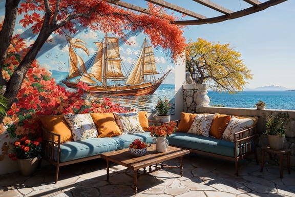 Canapés avec oreillers et une table sur un patio en pierre sur le balcon en bord de mer