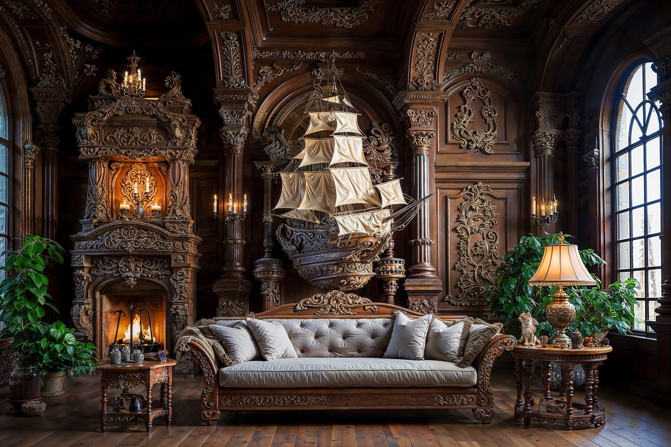 Habitación con muebles de lujo del siglo XVIII y decoración de gran velero en la pared