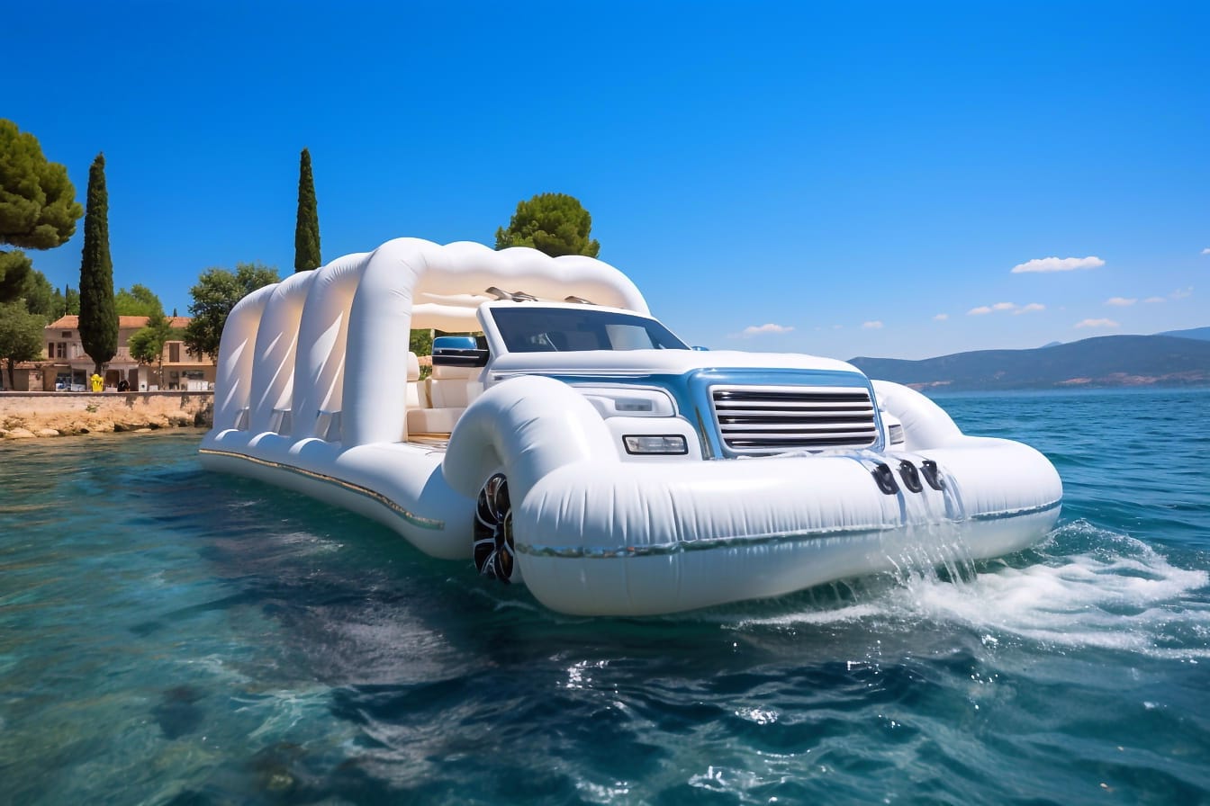 Witte opblaasbare auto-boot op water van Adriatische zee in Kroatië