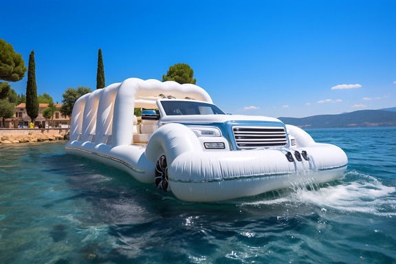 Vit uppblåsbar bilbåt på vattnet i Adriatiska havet i Kroatien