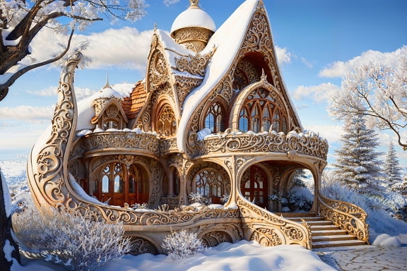 Casa de cuento de hadas cubierta de nieve con árboles nevados y cielo azul