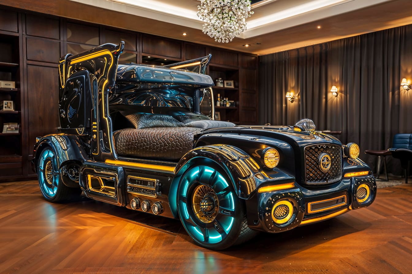 Czarno-złote łóżko w kształcie futurystycznego samochodu w sypialni