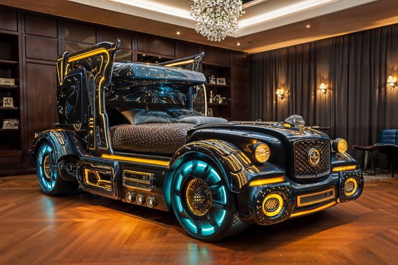 Black and gold bed in a shape of futuristic automobile in bedroom