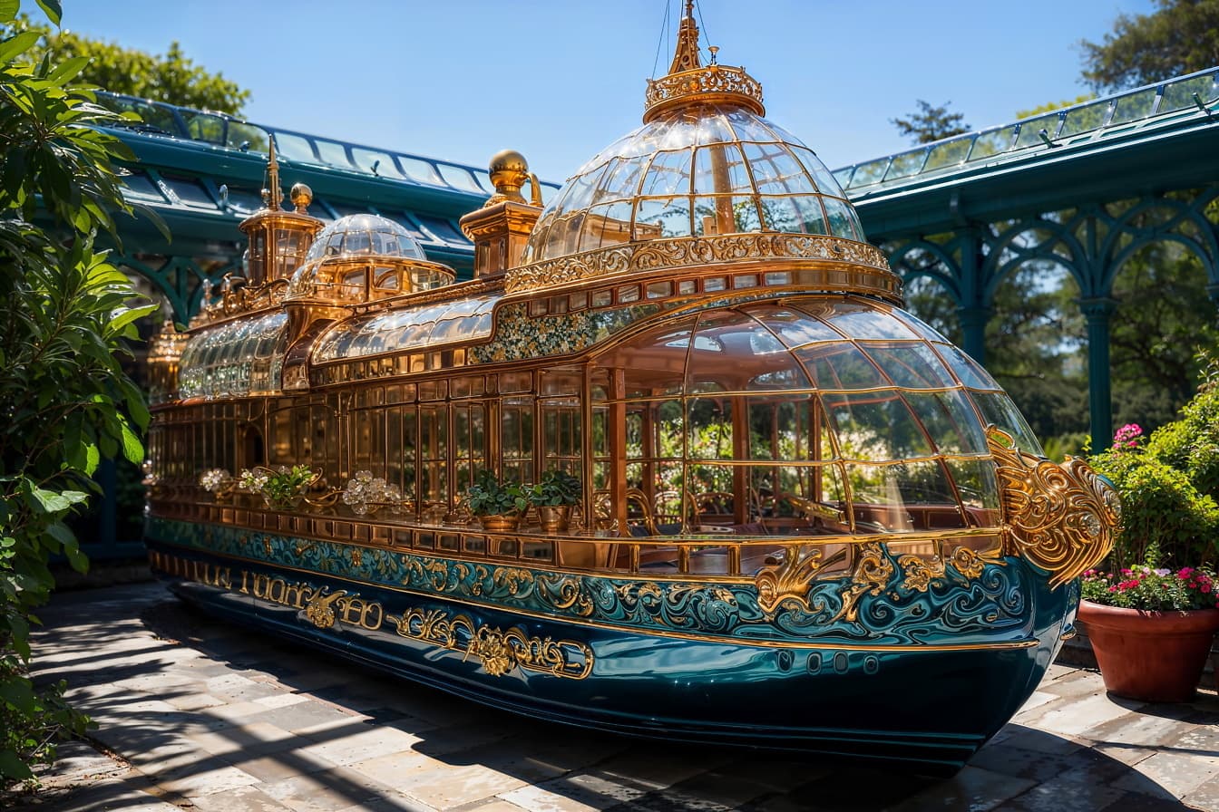 Gewächshaus mit luxuriösen dekorativen goldenen Ornamenten im botanischen Garten