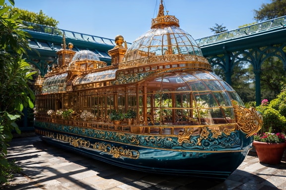 Greenhouse with a luxury decorative golden ornaments in botanical garden