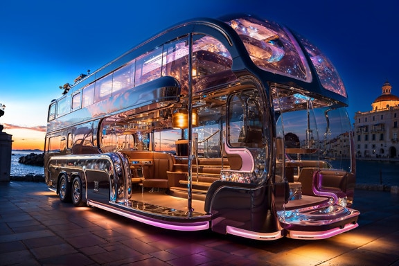 Luxury double decker bus on a parking lot by sea at night