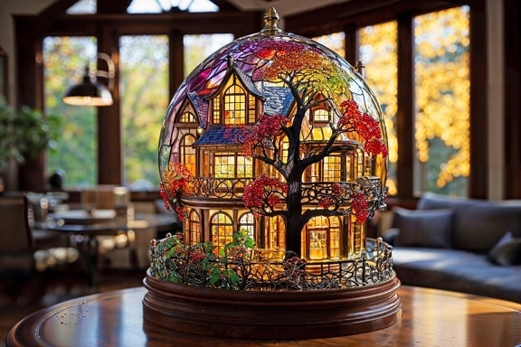 Mái vòm kính trang trí đầy màu sắc với một ngôi nhà và cây cối trên đó