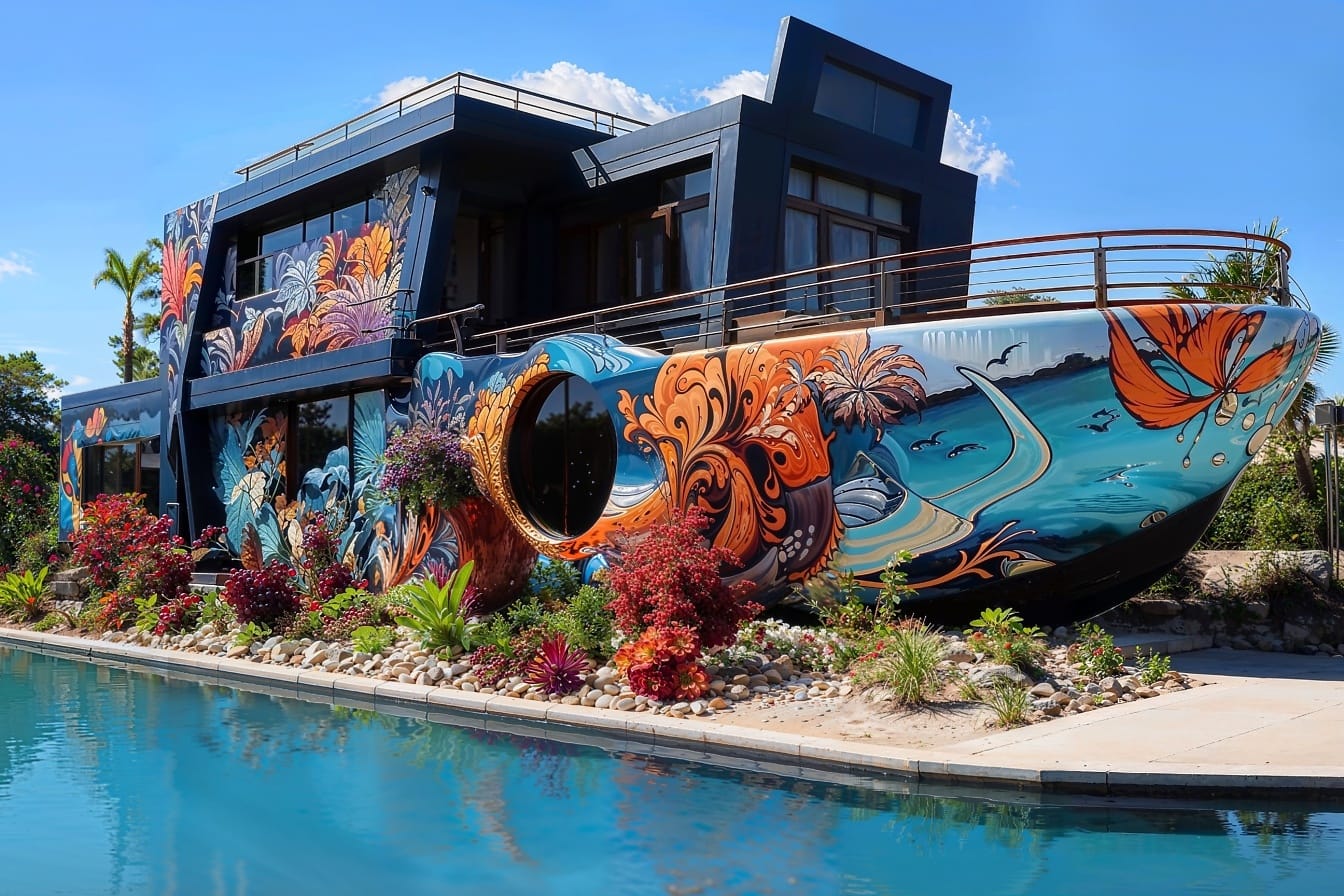 Modernes Wohnhaus in Form eines Bootes, das mit bunten Wandmalereien verziert ist