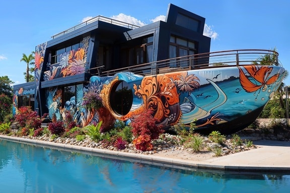 Modern residential house in a shape of boat decorated with colorful murals
