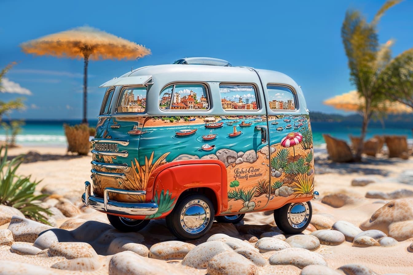 Jouet de camping-car miniature sur une plage