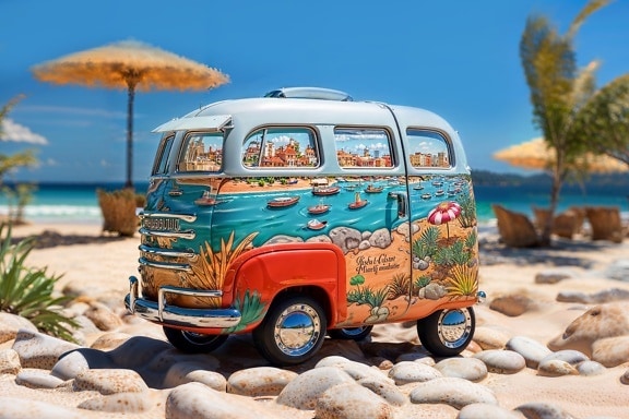 Miniature camper van toy on a beach