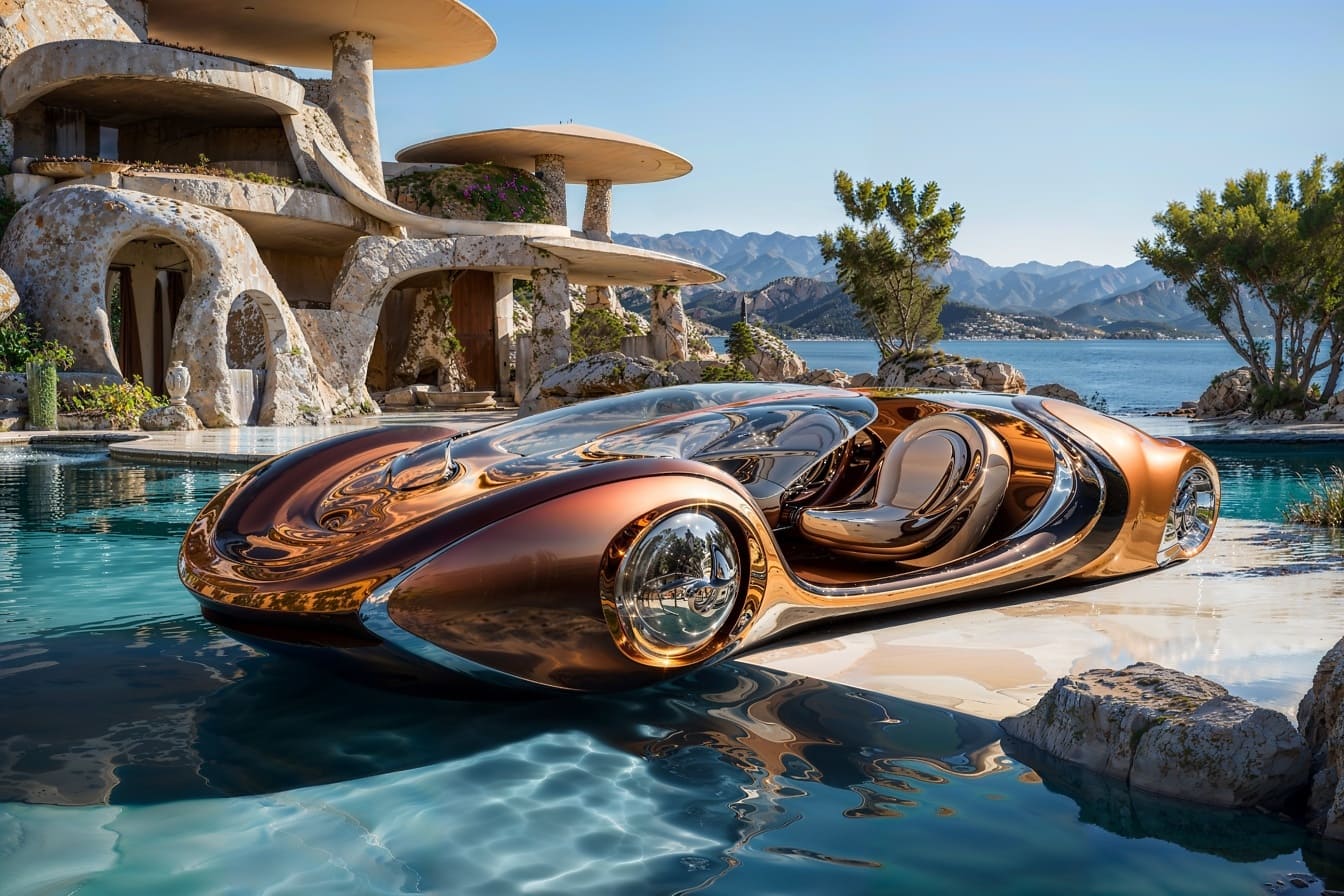 Glanzende futuristische autoboot door zwembad in achtertuin van villa in Kroatië
