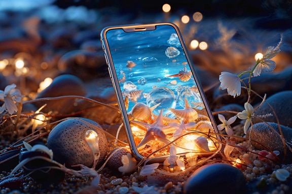 Teléfono celular en una playa por la noche con una ilustración del mundo marino submarino en la pantalla