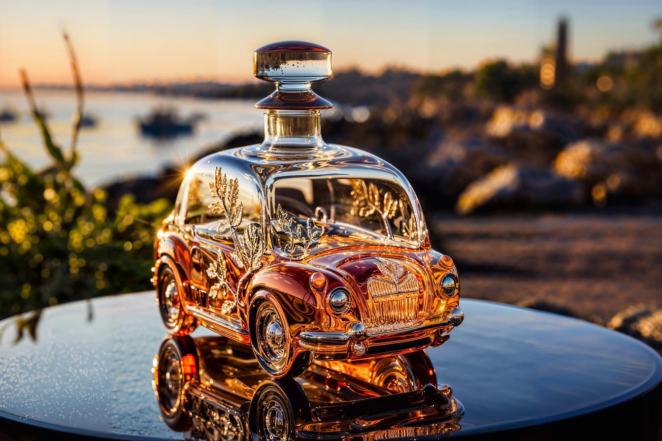 Glazen autovormige fles met een karaf erop in Kroatië