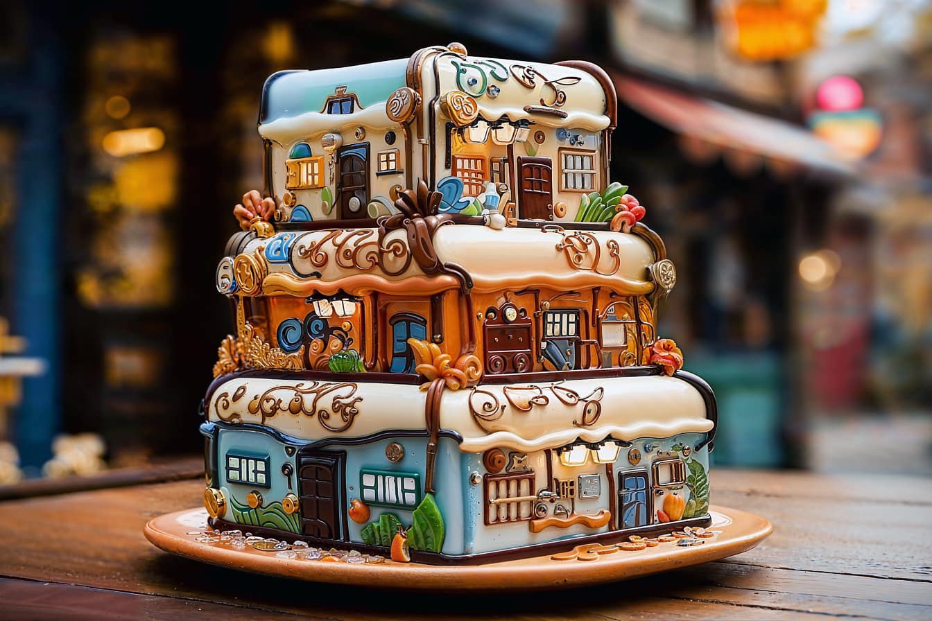 접시에 3 층 집 모양의 퐁당 장식이 된 화려한 마지 팬 케이크