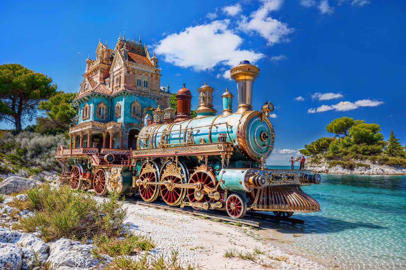 Eclectic golden steam engine with a house on a wagon on the beach in Croatia