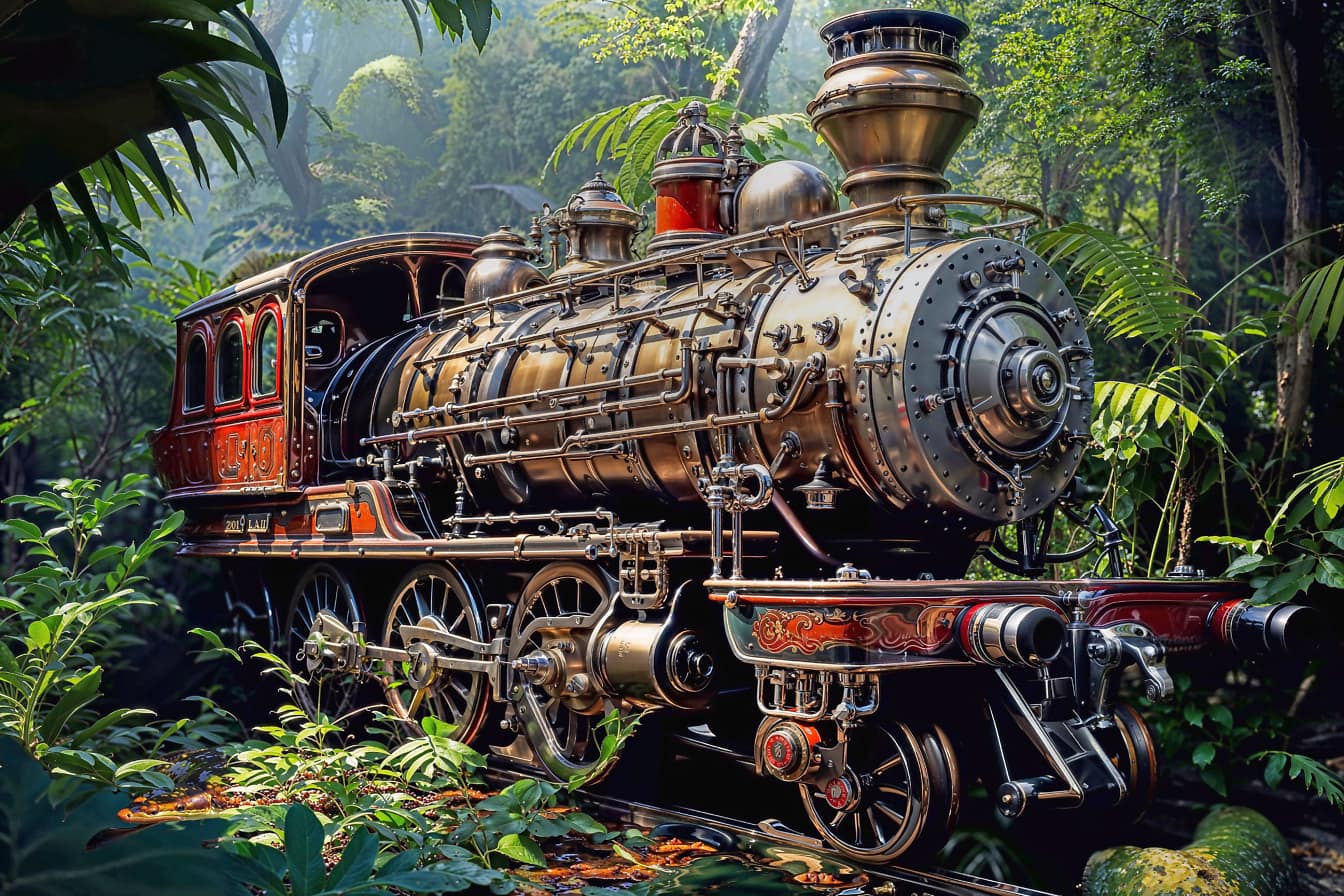 Ilustrácia lokomotívy parného stroja v džungli