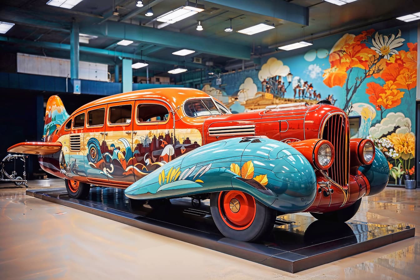 Барвистий літак-автомобіль в музеї з барвистими картинами на ньому