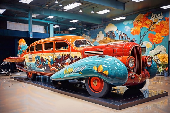 Colorful aircraft-car in a museum with a colorful paintings on it