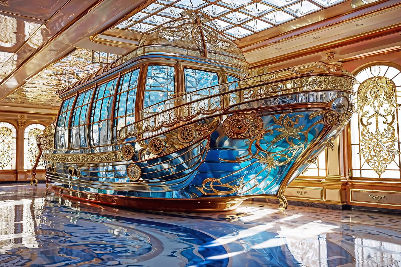 Barca blu con ornamenti d’oro di lusso in un museo con un pavimento a mosaico di marmo