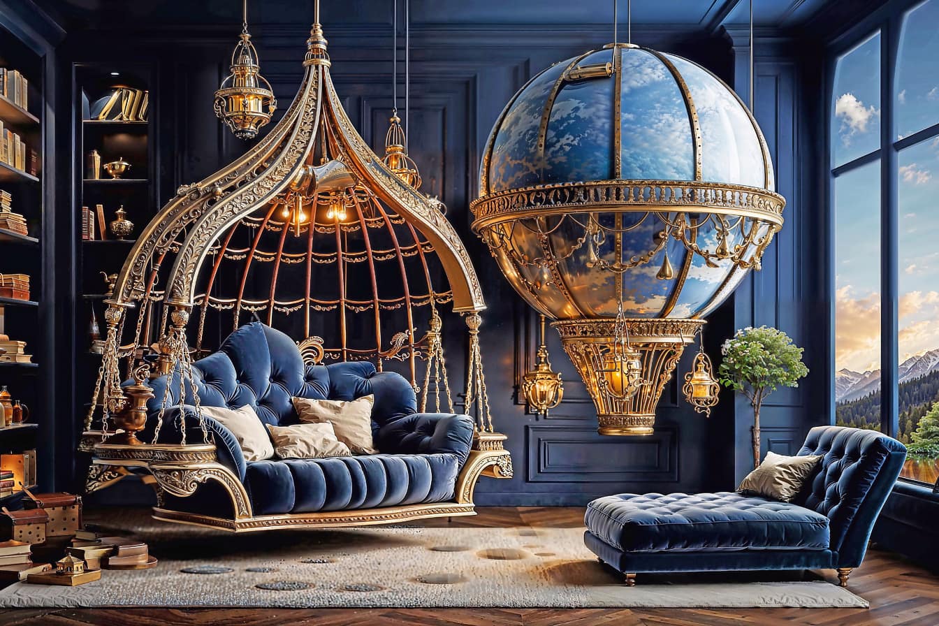 ビクトリア朝の吊り下げ式ソファ、青いオットマン、装飾的な熱気球が部屋にあります
