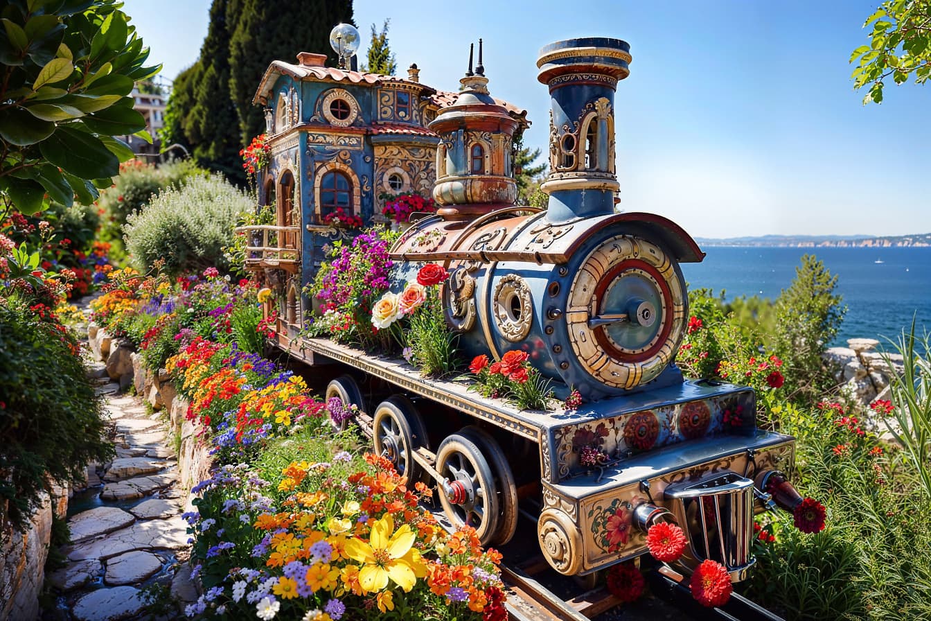 Vonat turisztikai attrakció virágokkal az oldalán Horvátországban