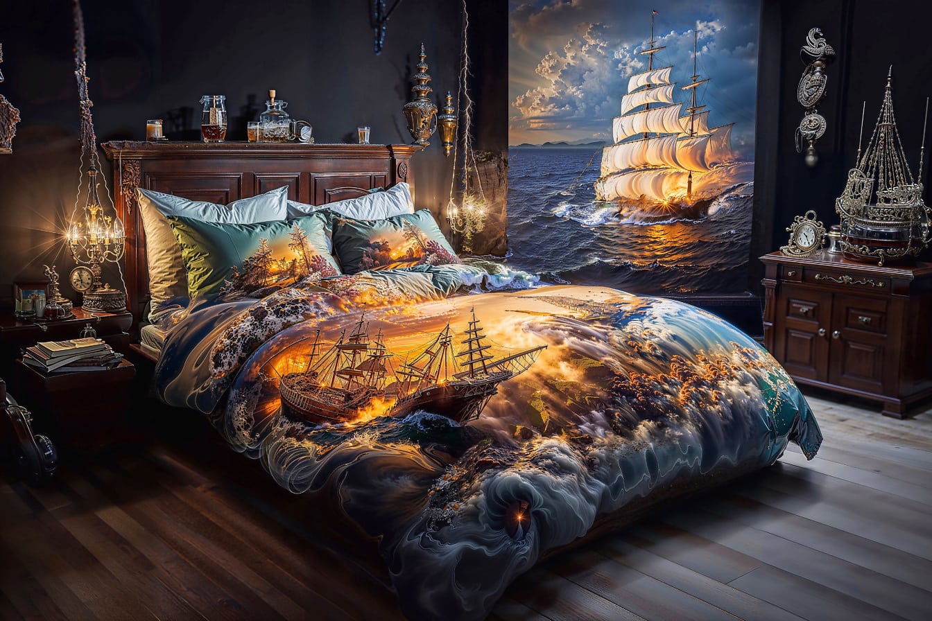 Cama com uma ilustração de uma batalha de navio em seu lençol e travesseiros