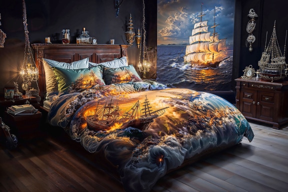 Bed with an illustration of a ship battle on its bedsheet and pillows