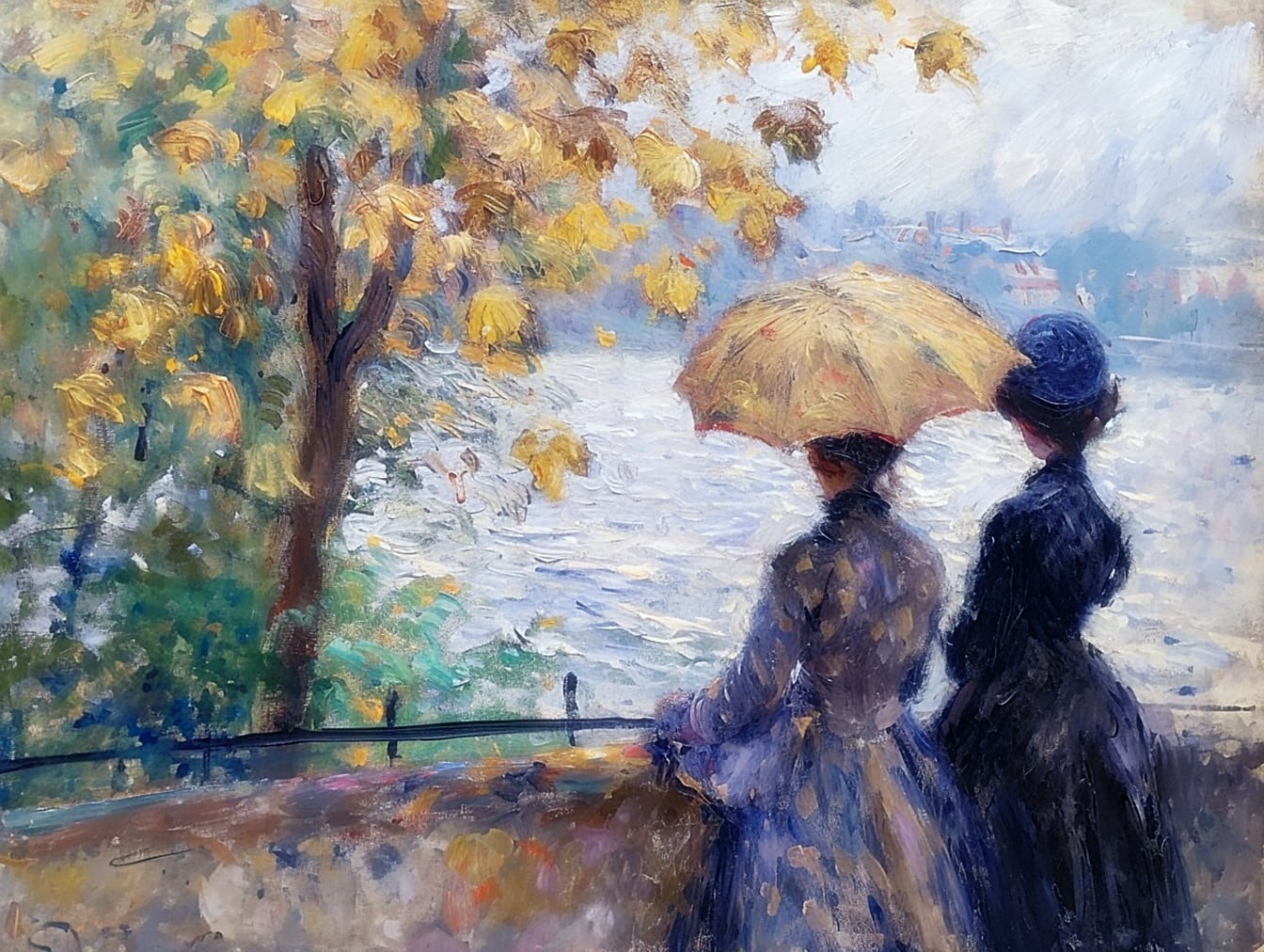 Pintura a óleo de duas mulheres com guarda-chuvas pelo lago no dia de verão