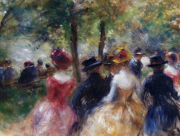 Dipinto ad olio di gruppo di persone che camminano in un parco raffigurante lo stile di vita del 18 ° secolo