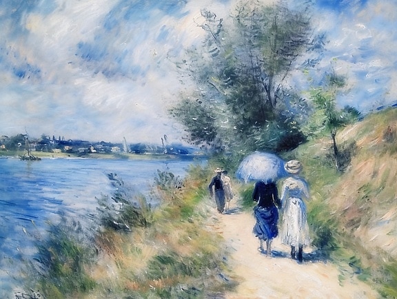 Olejomaľba žien kráčajúcich po ceste popri jazere