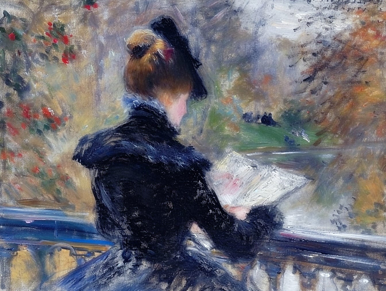 湖畔を背景に本を読む18世紀の女性を描いた油絵