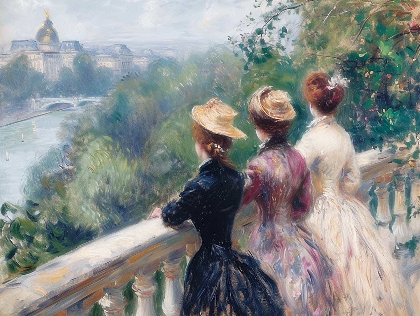Pintura al óleo de tres mujeres con vestidos de moda mirando un río desde el balcón