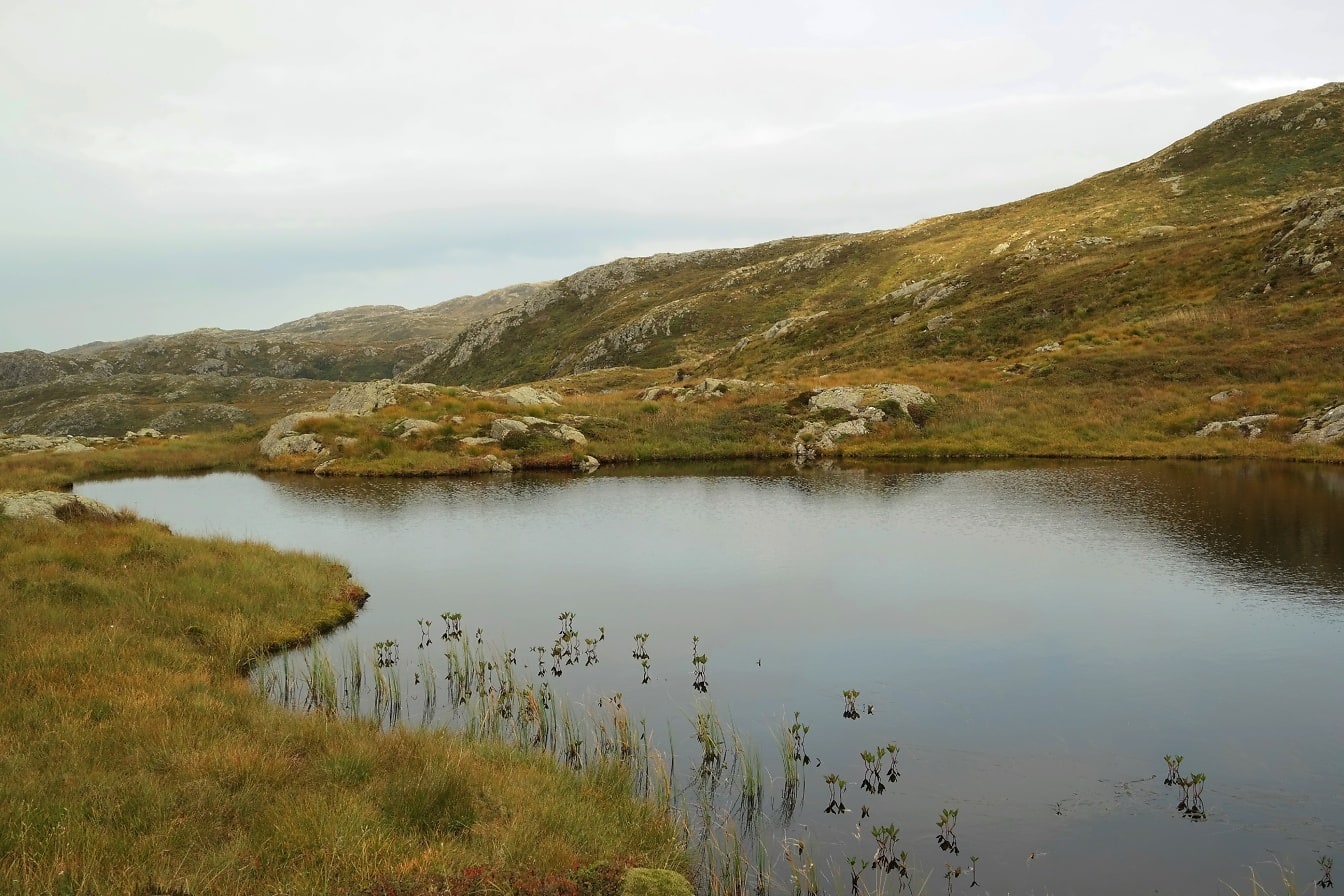Lake surrounded by grass and rocky hills