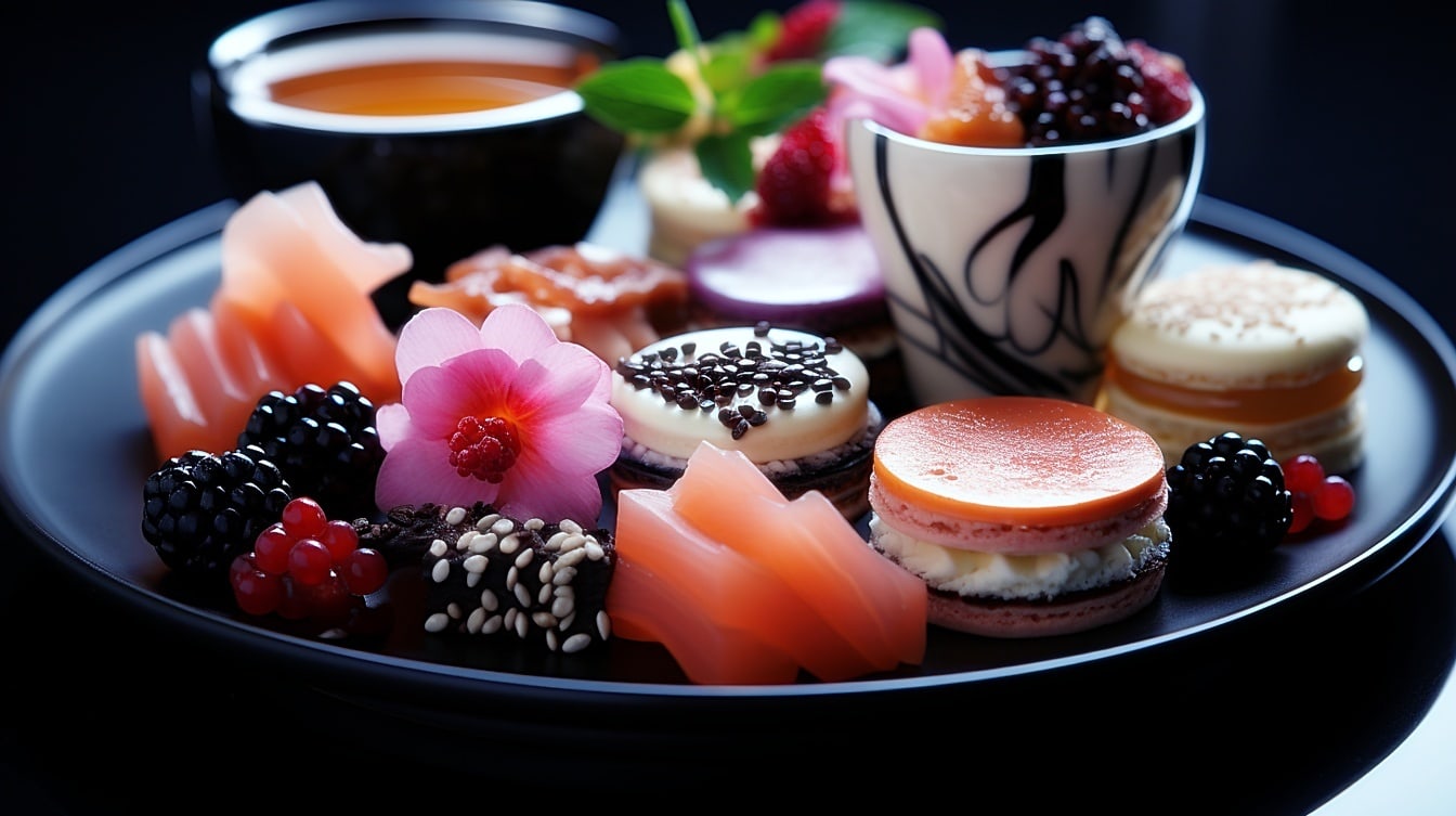 Siyah çay fincanı içinde lezzetli kurabiye tabağı, deniz ürünleri ve çay tabağı
